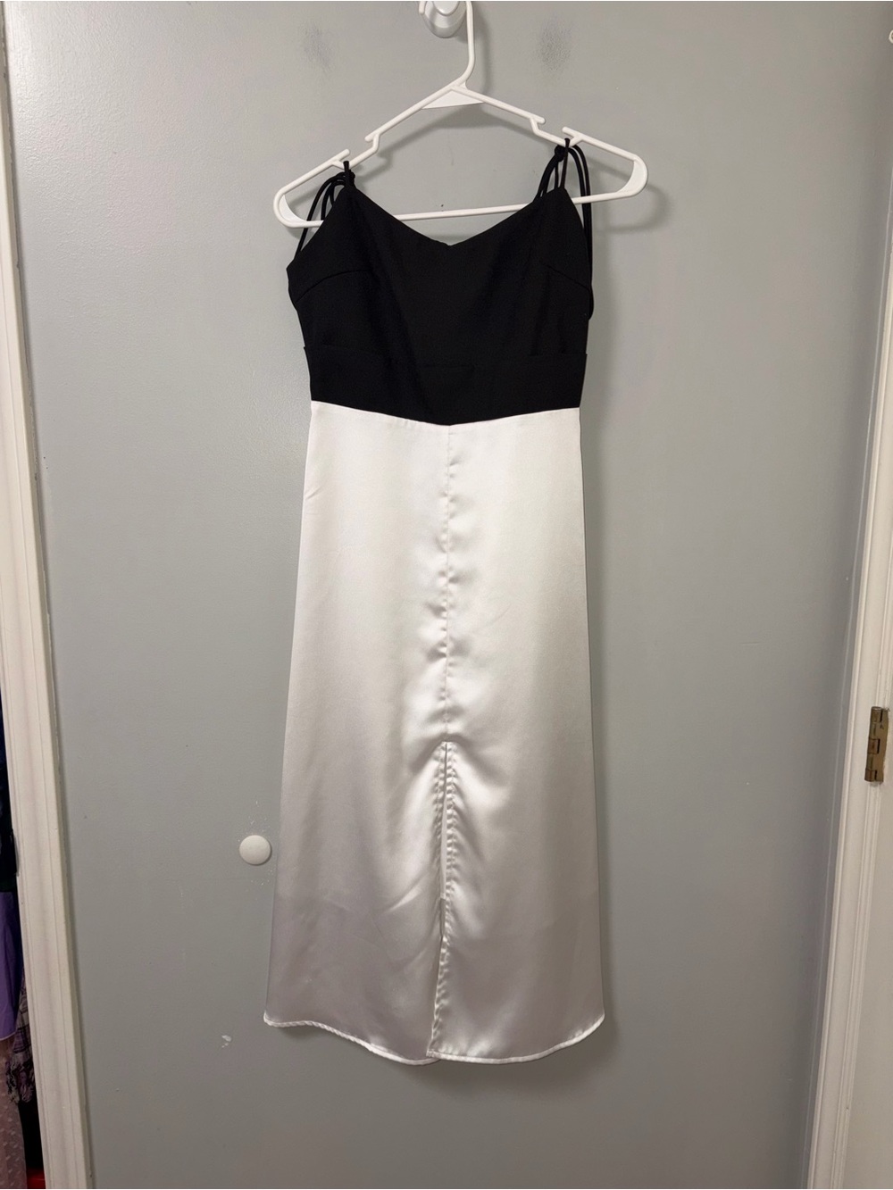 Rihoas Black White Contrast Tie Strap Elegant Evening Dress Smocked Back Satin S